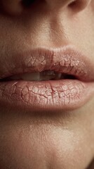 Naklejka premium A female lips, visibly dehydrated with fine cracks and lines, lacking volume and moisture, pale natural color, slightly chapped texture, subtle wrinkles, soft neutral cinematic lighting.