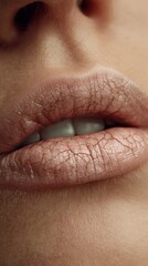 A female lips, visibly dehydrated with fine cracks and lines, lacking volume and moisture, pale natural color, slightly chapped texture, subtle wrinkles, soft neutral cinematic lighting.