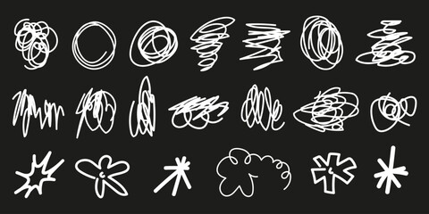 Set of scribble doodle elements. Hand drawn vector graphic shapes, line, circle, flowers. Various abstract white forms and symbols on black background. Doodle sketch style