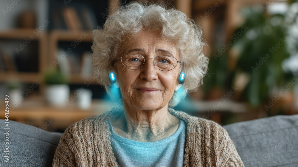 Poster Elderly person feels calm and secure while using wearable health monitor connected to AI system