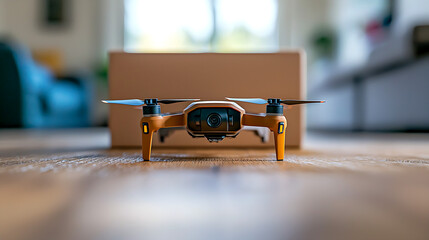 Orange Drone on Wooden Floor with Blurred Cardboard Box Background