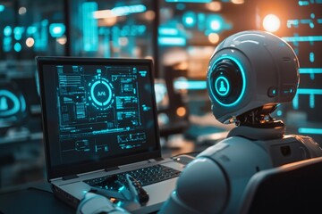 Businessmen and humanoid robot work on a project chat bot chatbot ai bot