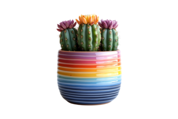 Rainbow cactus trio in vibrant striped pot, each crowned with colorful blooming flowers, radiates joyful desert charm, isolated on a transparent background