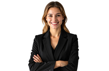 A realistic photograph of a female real estate agent, wearing a black suit and blazer with her arms crossed, smiling at the camera against a transparent background 