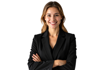 A realistic photograph of a female real estate agent, wearing a black suit and blazer with her arms crossed, smiling at the camera against a transparent background 