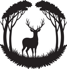 Minimalist Deer Silhouette with Antlers in Forest Clearing – Modern Black and White Vector