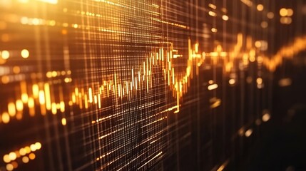 Fototapeta premium A digital financial chart with upward-trending data lines, golden-yellow color, grid background, and a bright light in the upper left corner.