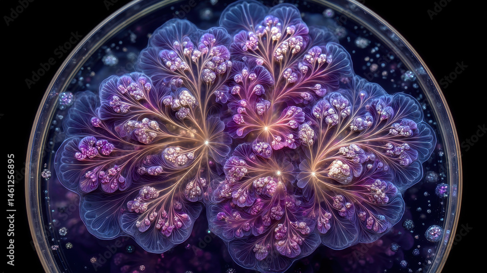 Aufkleber synthetic bacteria colonies create abstract fractal patterns in neon colors and biological fusion