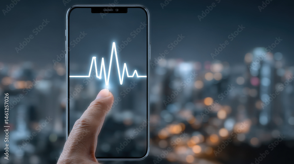 Poster smartphone displays health checkup app while user interacts with medical interface at night
