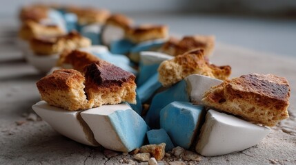 Broken ceramic bowl with scattered pieces and baked goods on sandy surface by the beach