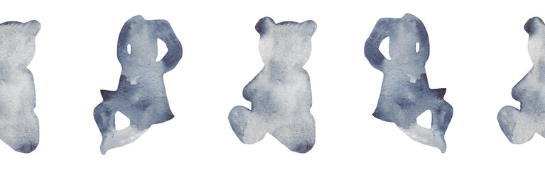 Watercolor border with silhouettes of a toy and baby.Brush strokes in the form of blue silhouettes of bear.Silhouette of toy on white background.