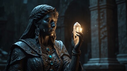 A statue of Metia, holding shattered dream-crystals, glowing faintly to guide lost spirits