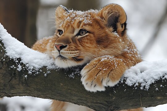 Winter scene of a small lion cub resting on a branch.