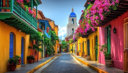 Fototapeta premium A colorful stone-paved street with vibrant buildings, green balconies adorned with flowers, potted plants, and a distant white building with a blue dome.