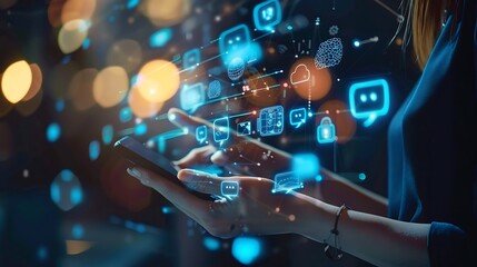 Woman using smartphone with digital communication icons technology network social media