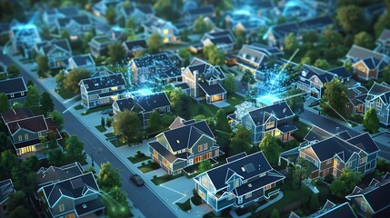 Technology futuristic suburban neighborhood with interconnected smart homes 