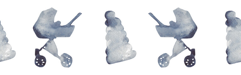 Watercolor border with silhouettes of a toy and a  stroller.Brush strokes in the form of blue silhouettes of bear.Silhouette of toy on white background.