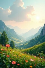 Serene Mountain Valley Landscape with Vibrant Wildflowers Blooming at Sunrise