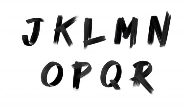 Black grunge paint brush stroke J-R typefaces. Scribble sketch doodle English alphabet. Hand drawn font letters on a transparent alpha channel.