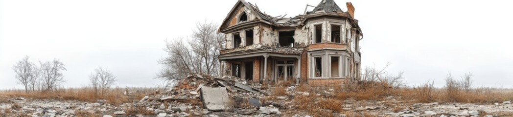 Obraz premium Desolate Ruined House Amidst Rubble and Overgrown Vegetation