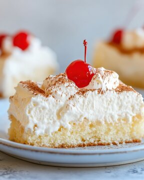 Tres Leches Cake Slice &ndash; Creamy Whipped Topping with Cherry on Plate, Bright Background