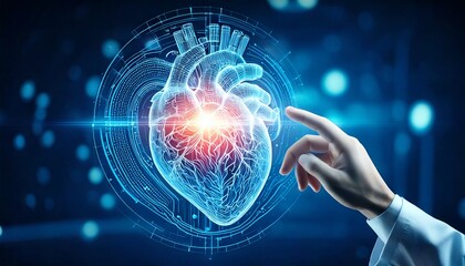 Generated image. Finger of doctor touching human heart, organ virtual interface. Innovative technology in science medical health care