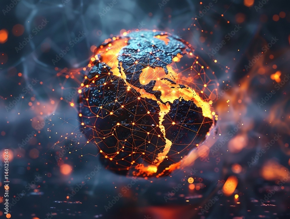 Poster fiery planet with interconnected networks depicting global communications