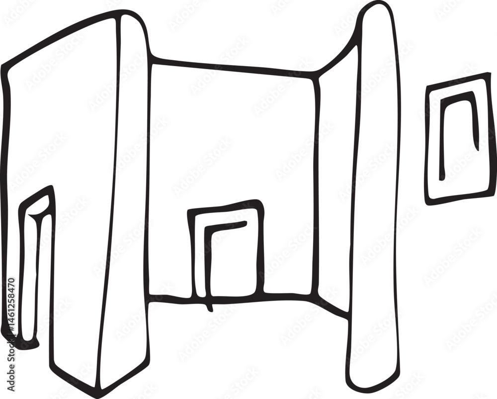 Poster a stylized black and white of a rectangular structure with arched openings.
