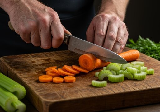 Hands chopping fresh vegetables on a wooden cutting board  