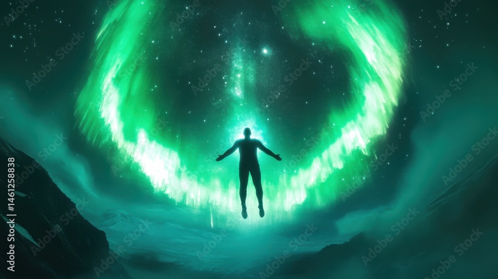Poster a man floating in space with radiant auroras encircling him, the stars creating a mesmerizing backgr