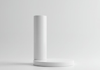 Minimalist white cylinder on a round platform against a white background