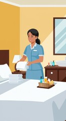 Hotel Maid Making Bed, Clean Room, Hospitality Service