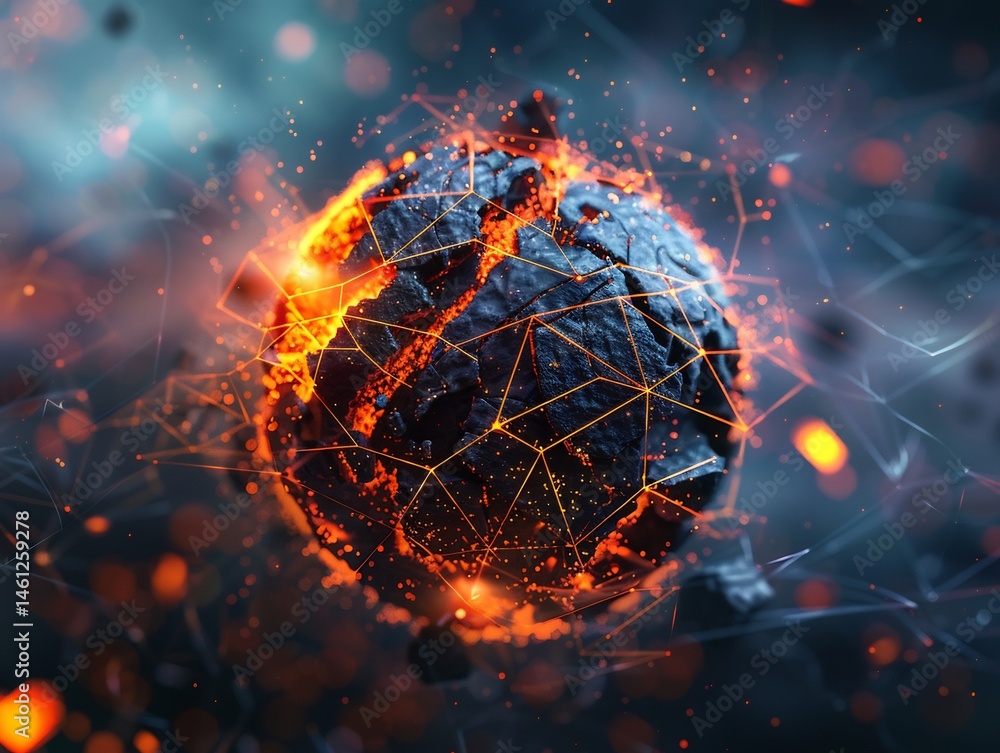 Poster abstract rendering of interconnected network illuminating textured sphere