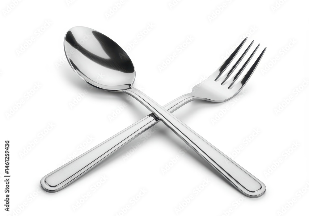 Poster crossed fork and spoon on a white background with soft shadows in a studio shot