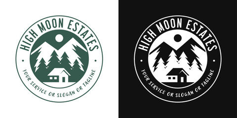 House in forest logo with mountain and sun. Negative space nature retreat vector symbol.
