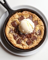 Warm Cookie Skillet – Melted Chocolate Center with Vanilla Ice Cream, Overhead View