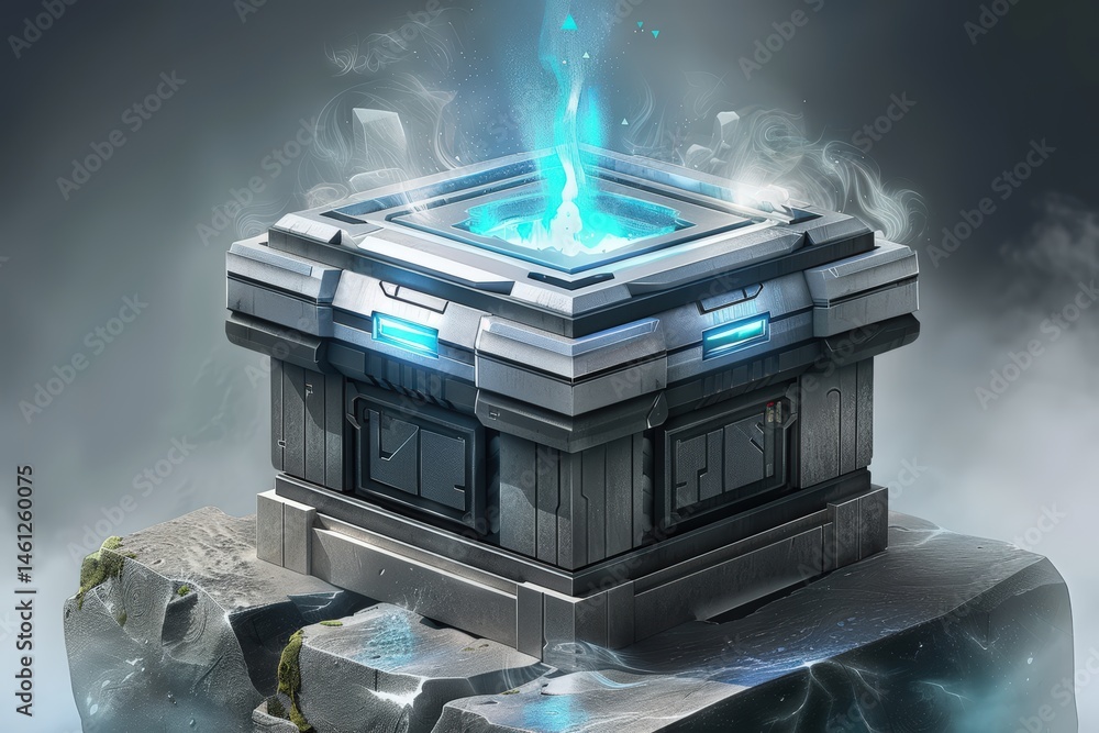 Poster mysterious glowing cube on a rocky surface with an ethereal aura.