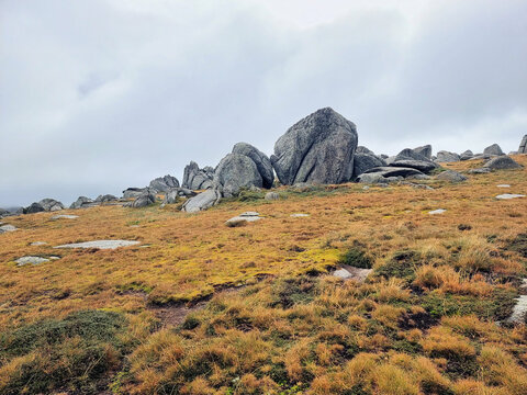 A weather angular granite outcrop on the Kosciuszko Summit Walk in the New  South Wales Snowy Mountains