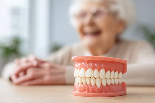 Denture Model Focus, Smiling Senior Woman in Background, Light Wood Table, Dental Health Concept