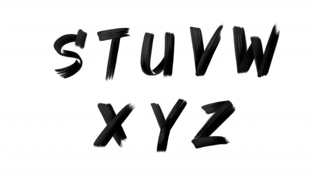 Grunge paint brush stroke English alphabet. Black scribble sketch doodle S-Z typefaces. Hand drawn animated font letters on a transparent alpha channel.