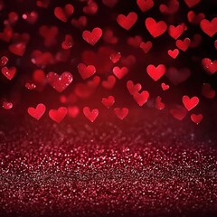 Red glittery hearts floating against deep red bokeh background.