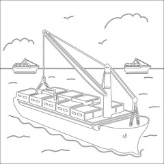 A silhouette vector illustration shows a fishing boat and a cargo ship in the sea, with another vessel in the harbor, representing nautical transportation