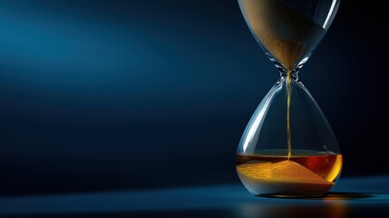 World Whisky Day. Time in Glass: Side profile of a minimalist hourglass filled with golden whisky instead of sand, flowing through a narrow center