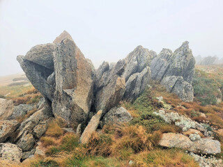 A weather angular granite outcrop on the Kosciuszko Summit Walk in the New  South Wales Snowy...