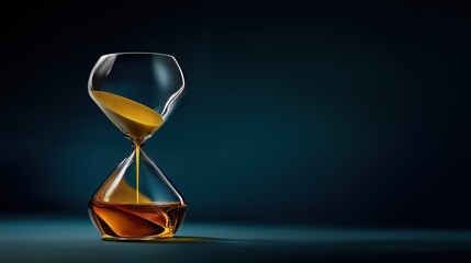 World Whisky Day. Time in Glass: Side profile of a minimalist hourglass filled with golden whisky instead of sand, flowing through a narrow center