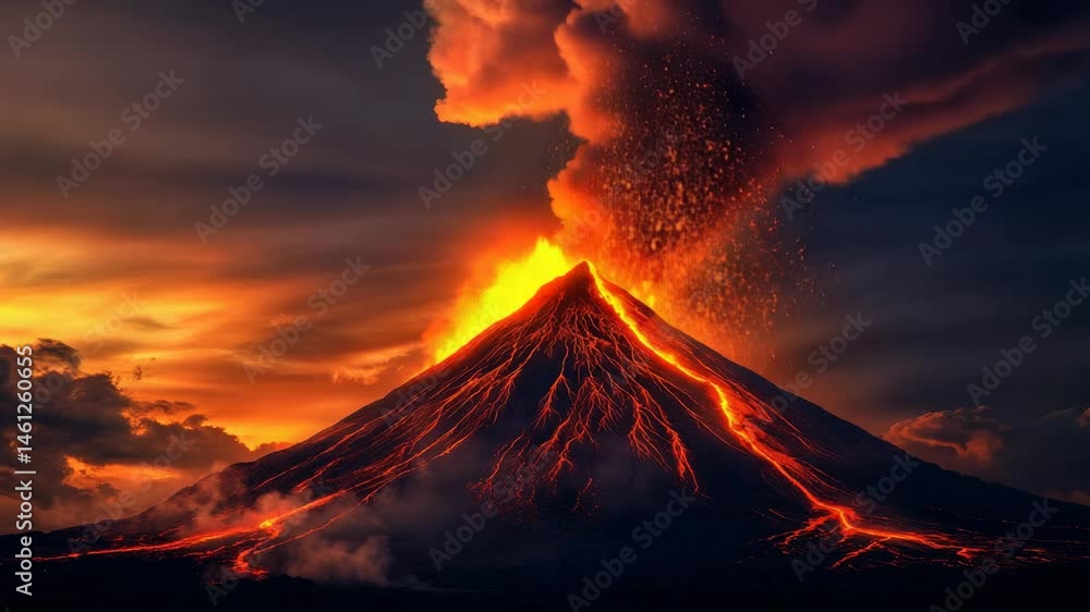 Poster molten lava flows down the side of an erupting volcano, creating a dramatic scene against a vibrant 