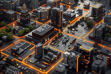 Urban cityscape with illuminated roads and modern buildings.