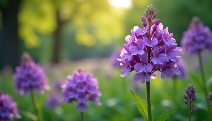 Fototapeta premium Dense purple flower cluster in a tranquil park setting , bloom, leaves, spring