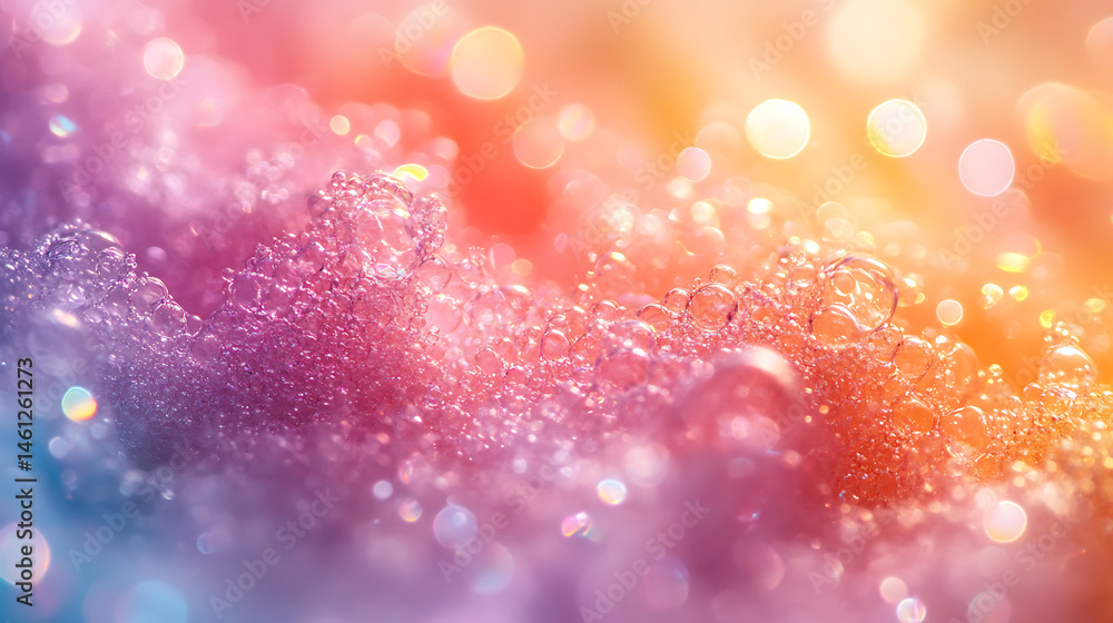 Poster abstract gradient background with bubbles and bokeh effect in purple pink and orange hues
