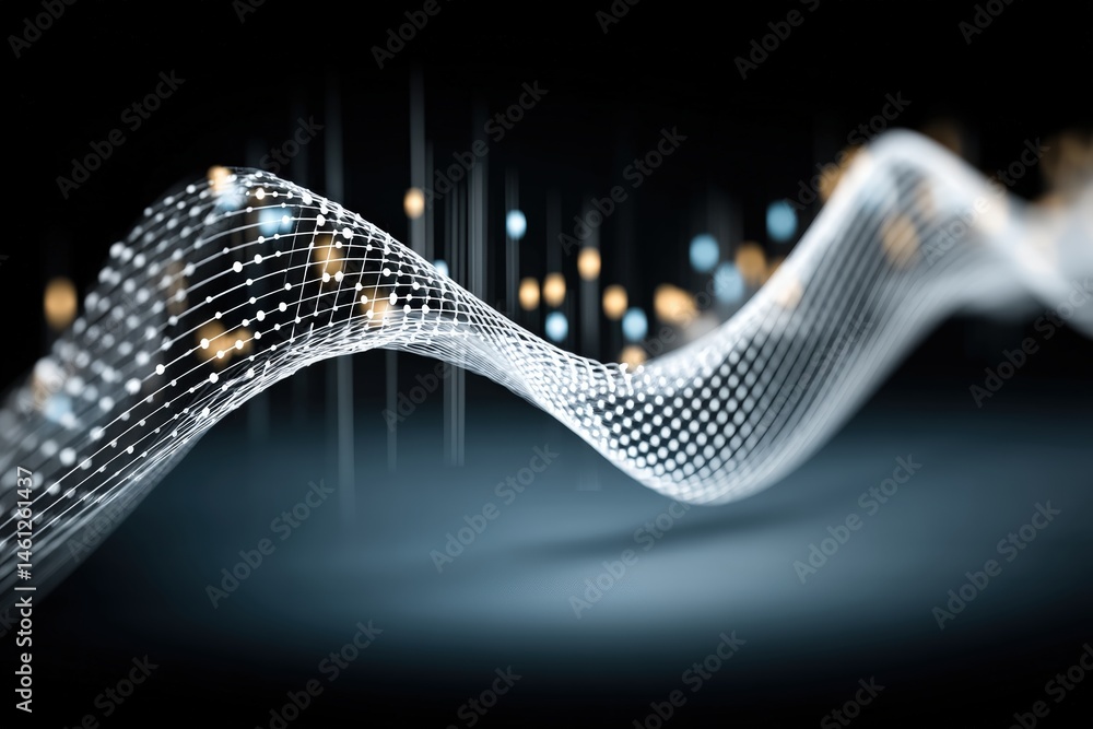 Poster abstract light wave with glowing elements on a dark background.